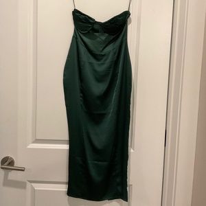 Strapless satin emerald green midi dress